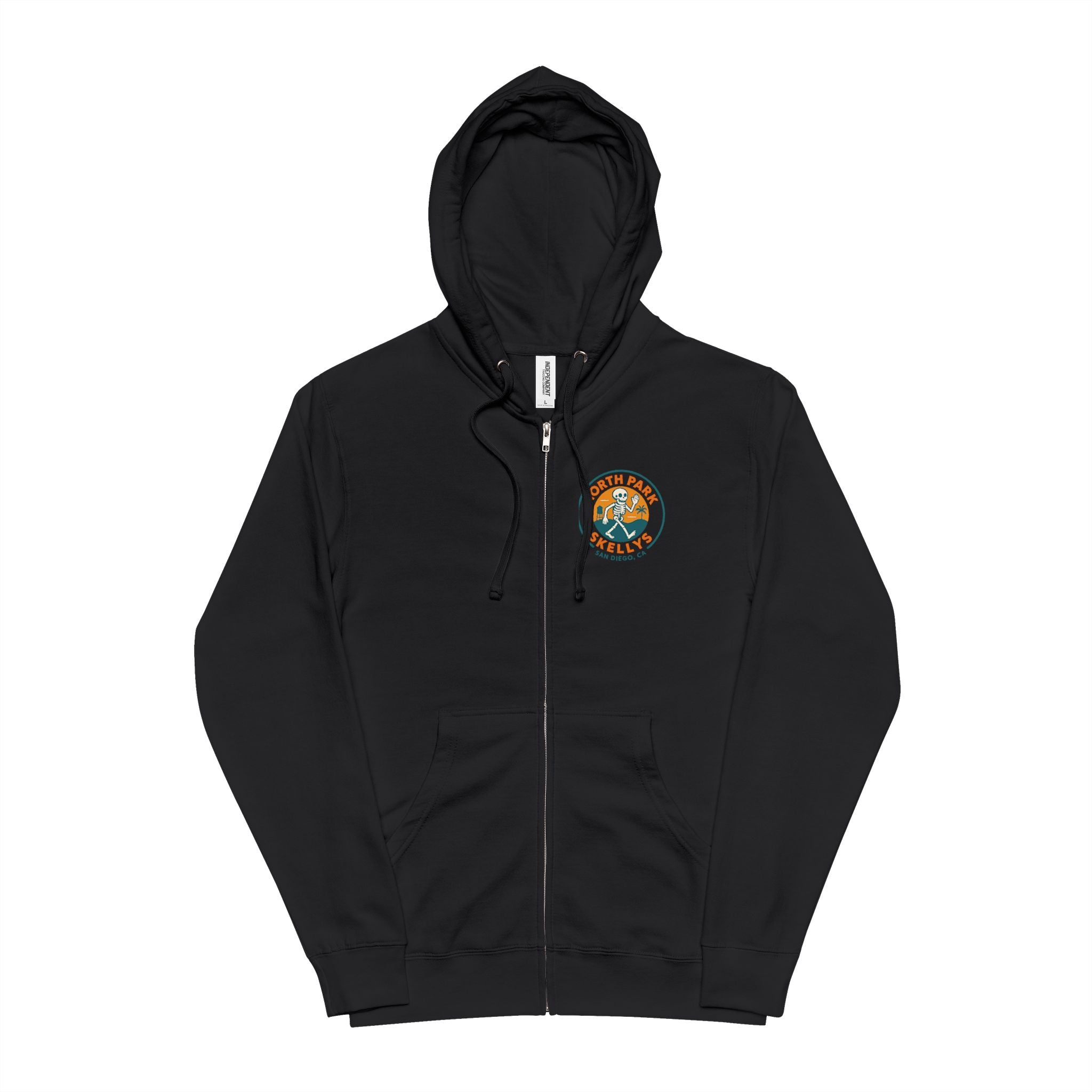 Skelly's North Park Zip Hoodie — Vintage Skeleton Surf Graphic