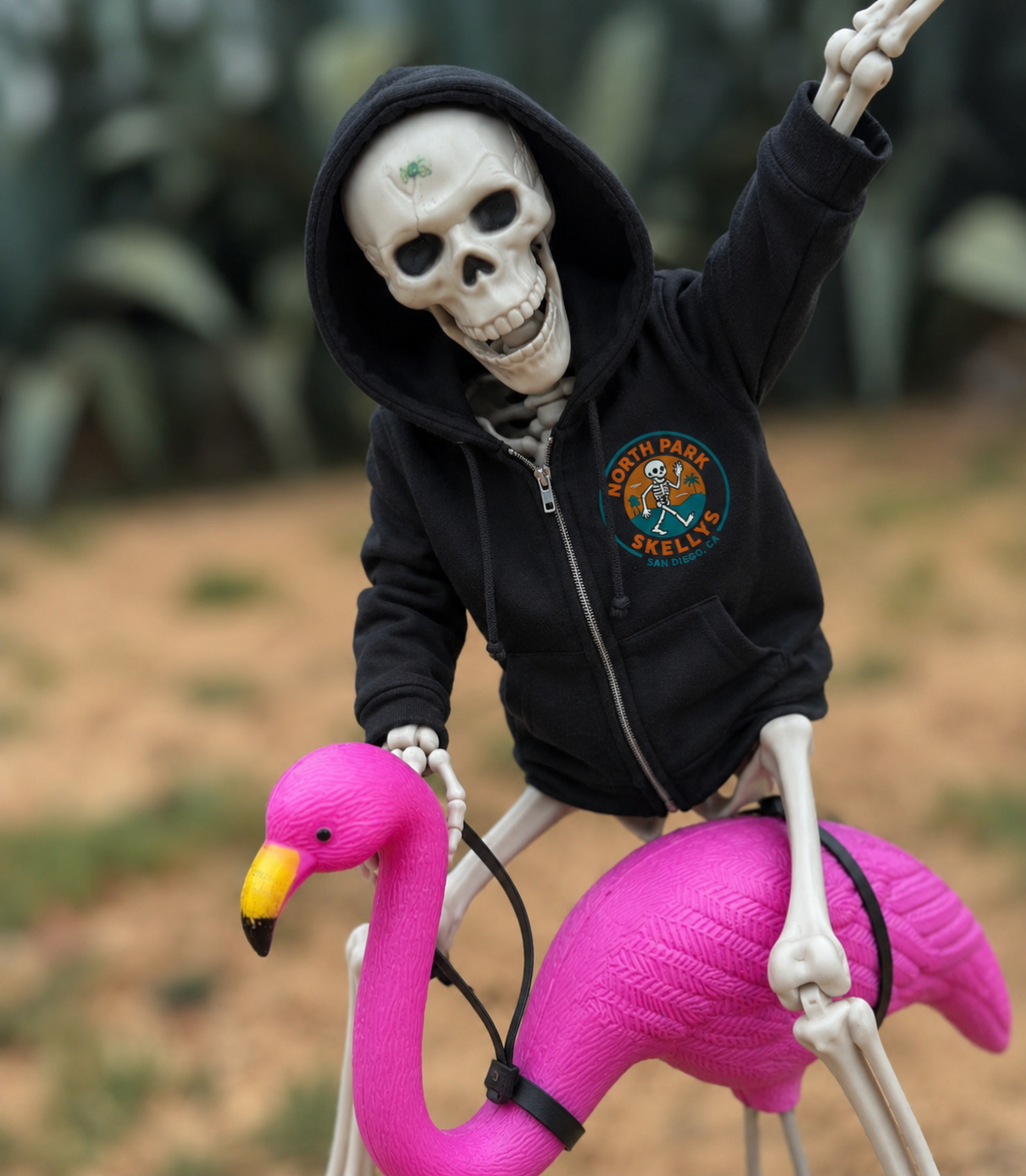 Skelly's North Park Zip Hoodie — Vintage Skeleton Surf Graphic